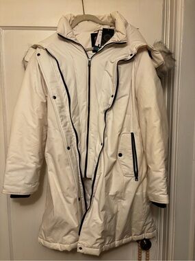 Madison Cream Ladies Parka with grey and black fur hood